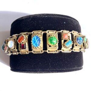 Vintage Peking Glass Dragons Breath Panel Bracelet 50-60’s Gorgeous Stones 7.5”